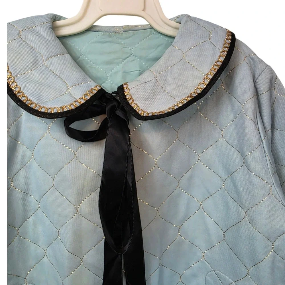 Vintage Light Blue Quilted Coat Kids Gold Trim Ribbon Bow Peter Pan Collar